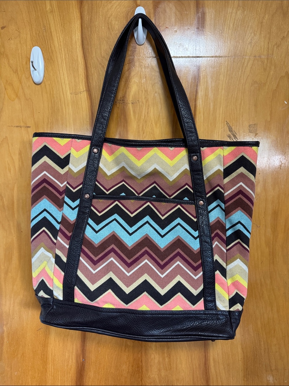 Chevron Multicolor Canvas Tote Bag with Brown Trim